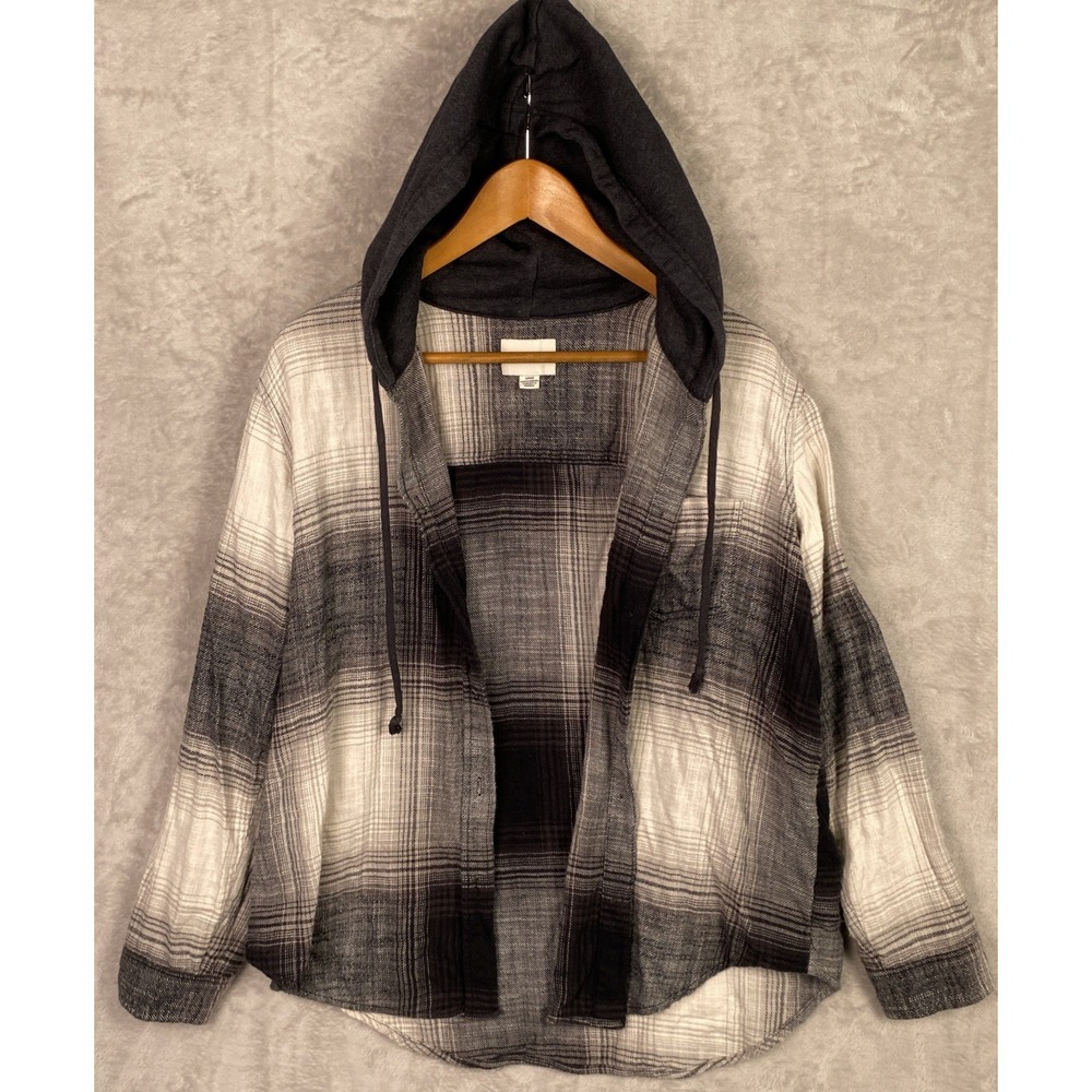 American Eagle Womens Hooded Flannel Shirt Plaid Small Black Gray Grunge Skater - Picture 1 of 11
